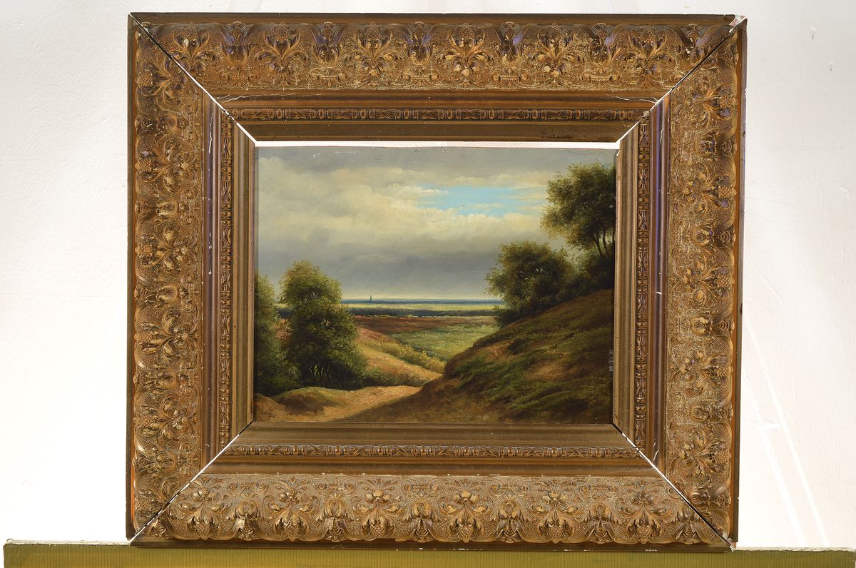 Detail k: Heinrich Ludwig Frische, 1831 Altenbruch - 1901 Düsseldorf, weite Hügellandschaft, Öl/Holz, gute Varianz in den Grün- und Brauntönen, ...