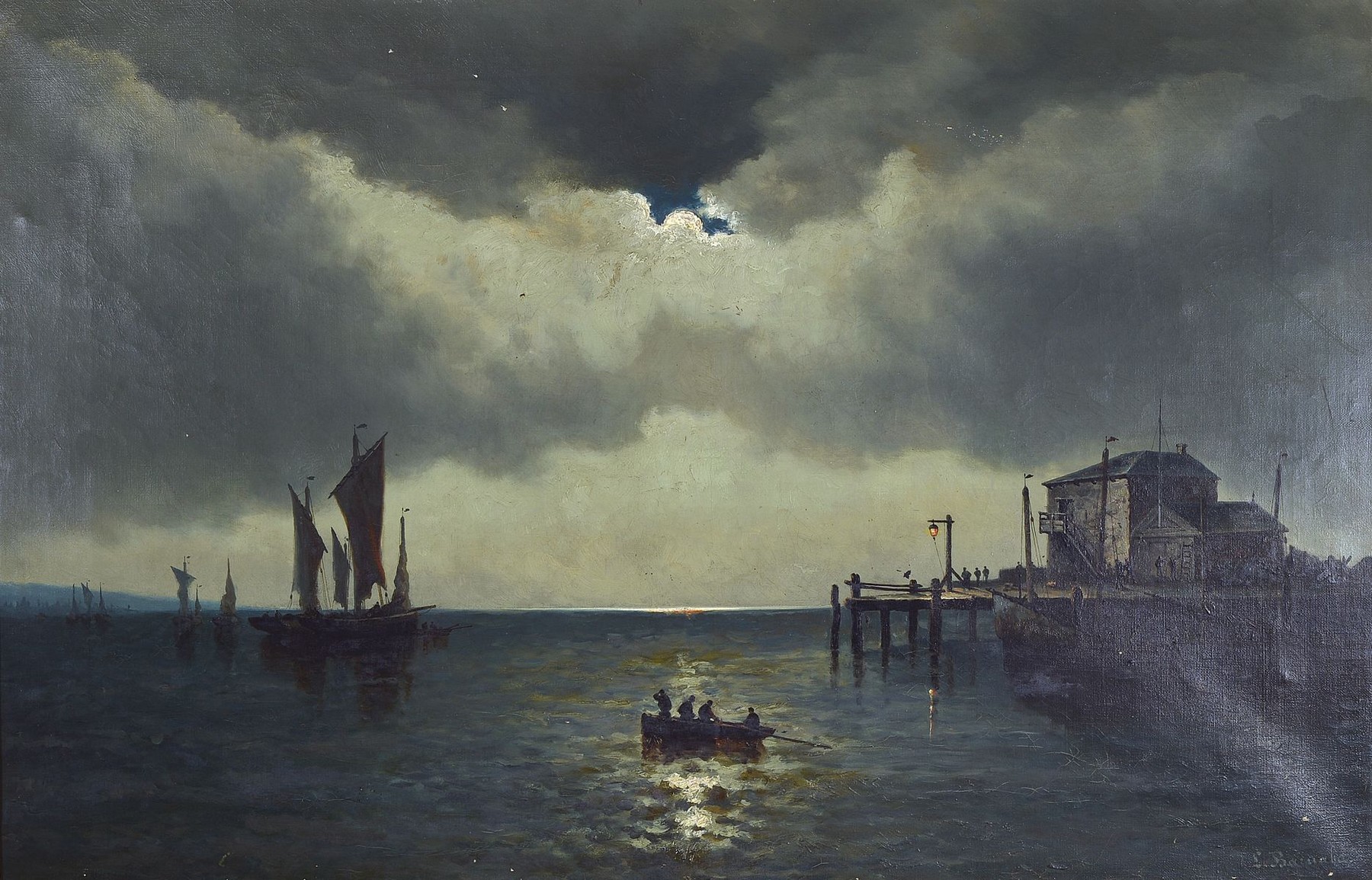 Louis Barnaba, 1826-1892, belgischer Marinemaler, stellte zwischen 1864-1881 in verschiedenen Salons aus, hier: Vollmond über Segelbooten und ...