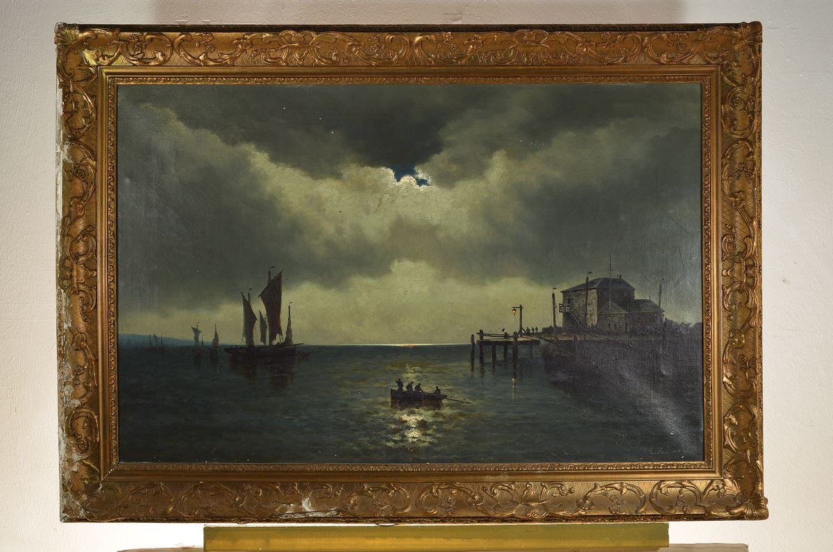 Detail k: Louis Barnaba, 1826-1892, belgischer Marinemaler, stellte zwischen 1864-1881 in verschiedenen Salons aus, hier: Vollmond über Segelbooten und ...