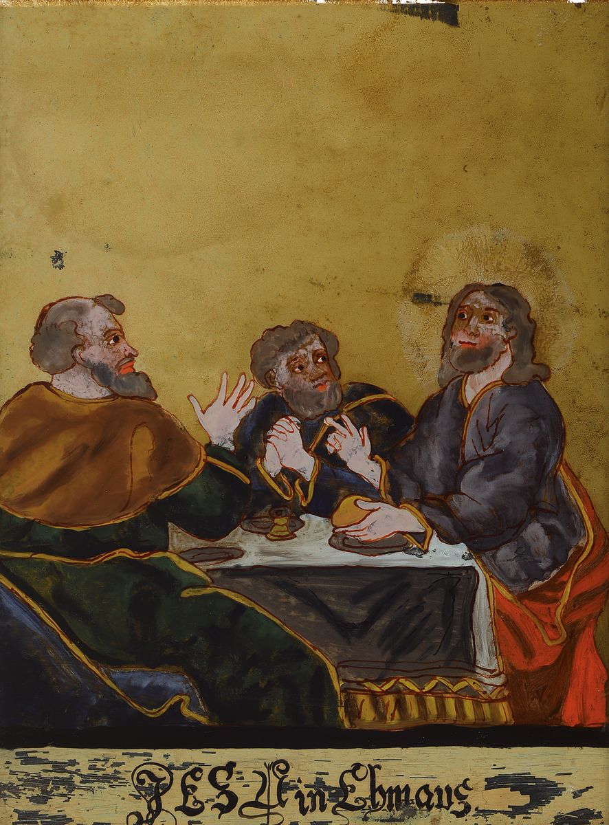 Hinterglasbild, süddeutsch, um 1800,, Jesus in Emaus, Jesus bricht das Brot mit Bekennerzeichen, leichte Farbfehlstellen, antiker Rahmen, ca. 27 x ...