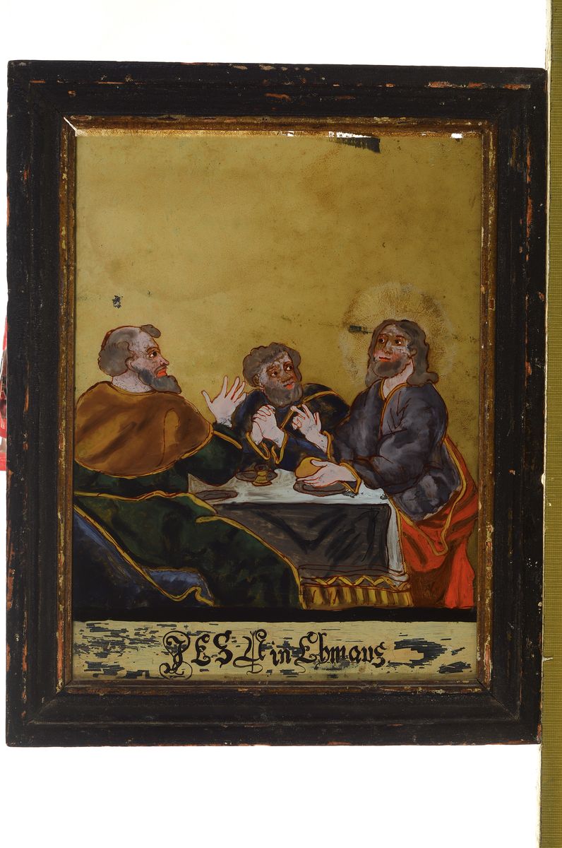Detail k: Hinterglasbild, süddeutsch, um 1800,, Jesus in Emaus, Jesus bricht das Brot mit Bekennerzeichen, leichte Farbfehlstellen, antiker Rahmen, ca. 27 x ...