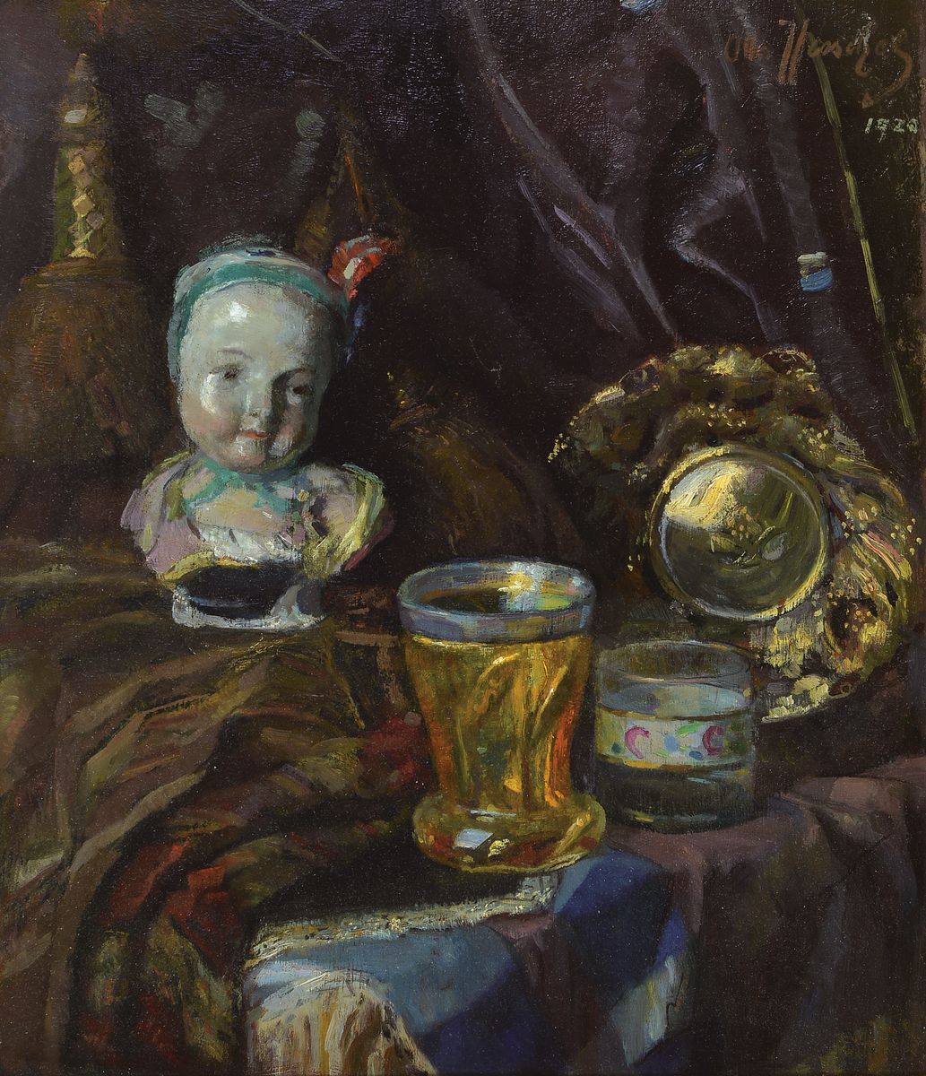 Otto Herschel, 1871 Teplitz Schönau - 1937 Wien, Stillleben mit Meissen-Büste und Vitrinenobjekten, Öl/Lwd auf Holz, re. oben signiert und dat. ...