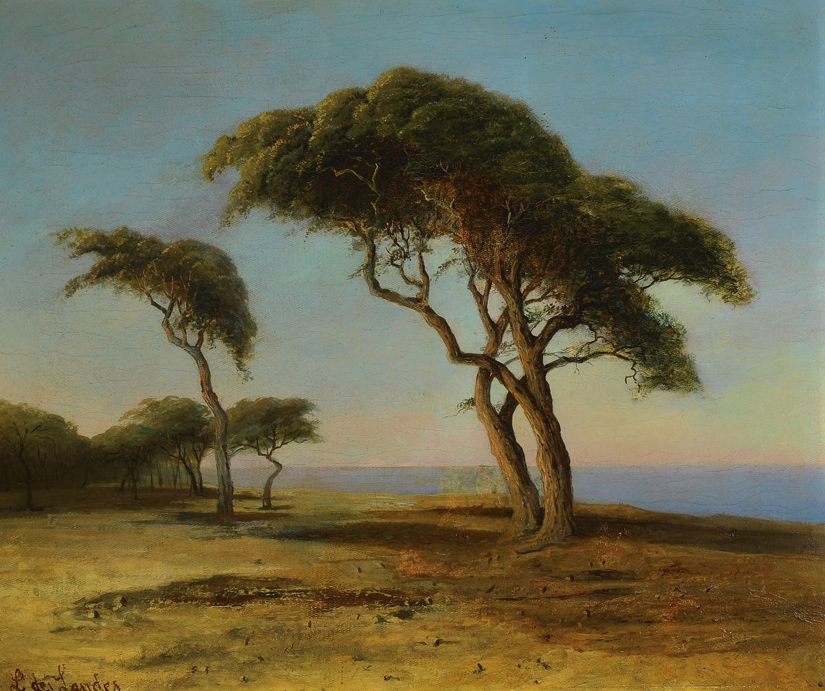 L. des Landes, wohl französischer Künstler, um 1860, südliche Küstenansicht mit Pinien, gekonnte Wiedergabe der Weite durch Tiefenstaffelung, ...