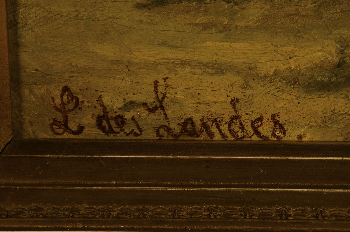 Detail a: L. des Landes, wohl französischer Künstler, um 1860, südliche Küstenansicht mit Pinien, gekonnte Wiedergabe der Weite durch Tiefenstaffelung, ...