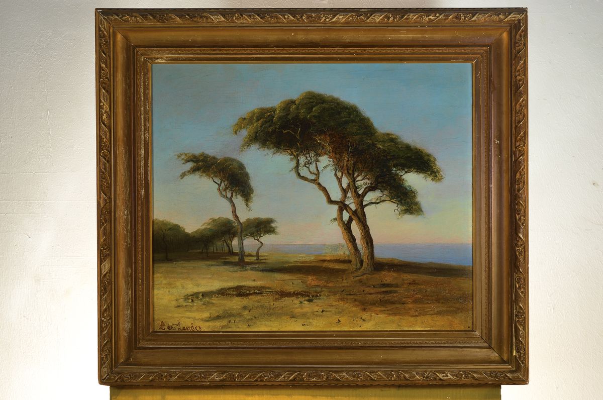 Detail k: L. des Landes, wohl französischer Künstler, um 1860, südliche Küstenansicht mit Pinien, gekonnte Wiedergabe der Weite durch Tiefenstaffelung, ...
