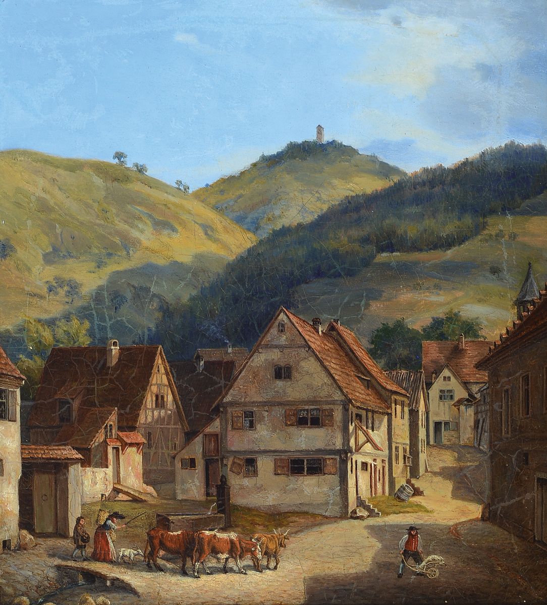 wohl Frankfurter Maler, um 1830,, dörfliche Taunuslandschaft mit Tieren an der Tränke und Hirtin, rechts hessischer Bauer mit Schubkarre, lebendige ...