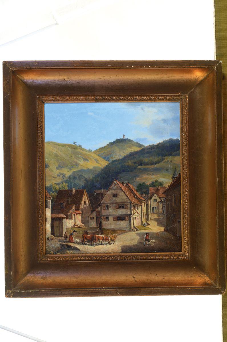 Detail k: wohl Frankfurter Maler, um 1830,, dörfliche Taunuslandschaft mit Tieren an der Tränke und Hirtin, rechts hessischer Bauer mit Schubkarre, lebendige ...