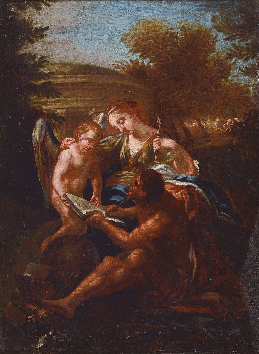 Italienischer Künstler des 17. Jh.,, Allegorie auf die Malerei, Öl/Lwd, doubliert, krakeliert, teilrestauriert, Amor, Muse und Maler im ...