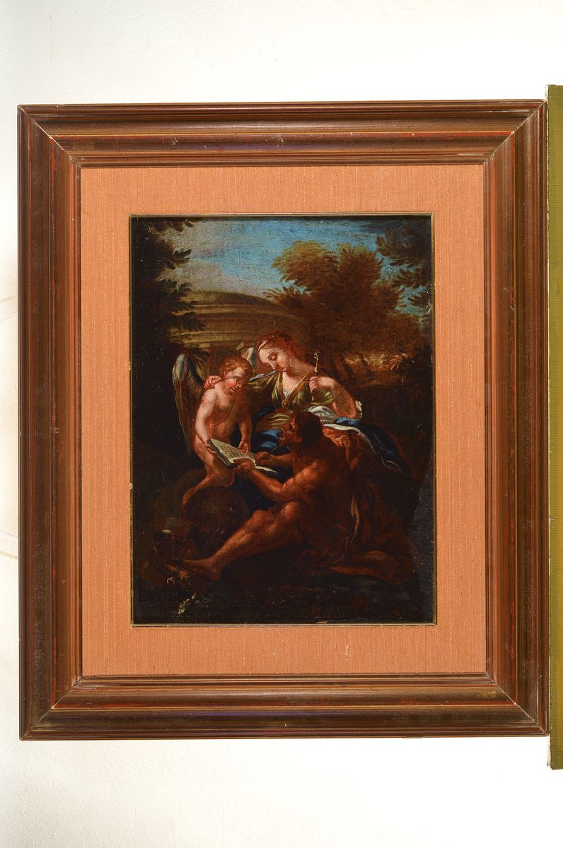 Detail k: Italienischer Künstler des 17. Jh.,, Allegorie auf die Malerei, Öl/Lwd, doubliert, krakeliert, teilrestauriert, Amor, Muse und Maler im ...
