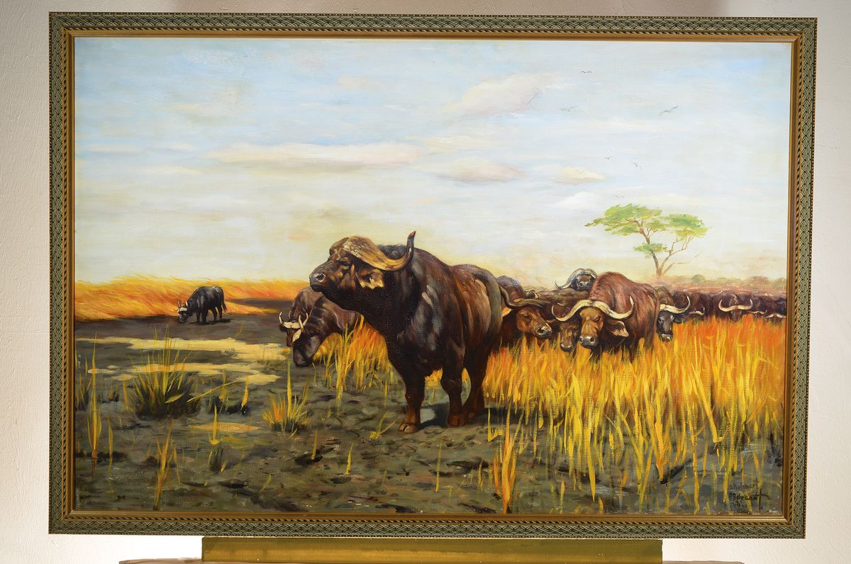 Detail k: Paul Behrendt, geb. 1891, Herde Kaffernbüffel nach Wilhelm Kuhnert (1865-1926), Öl/Lwd, rechts unten signiert, min. rest., ca. 80x120cm, R. ca. ...