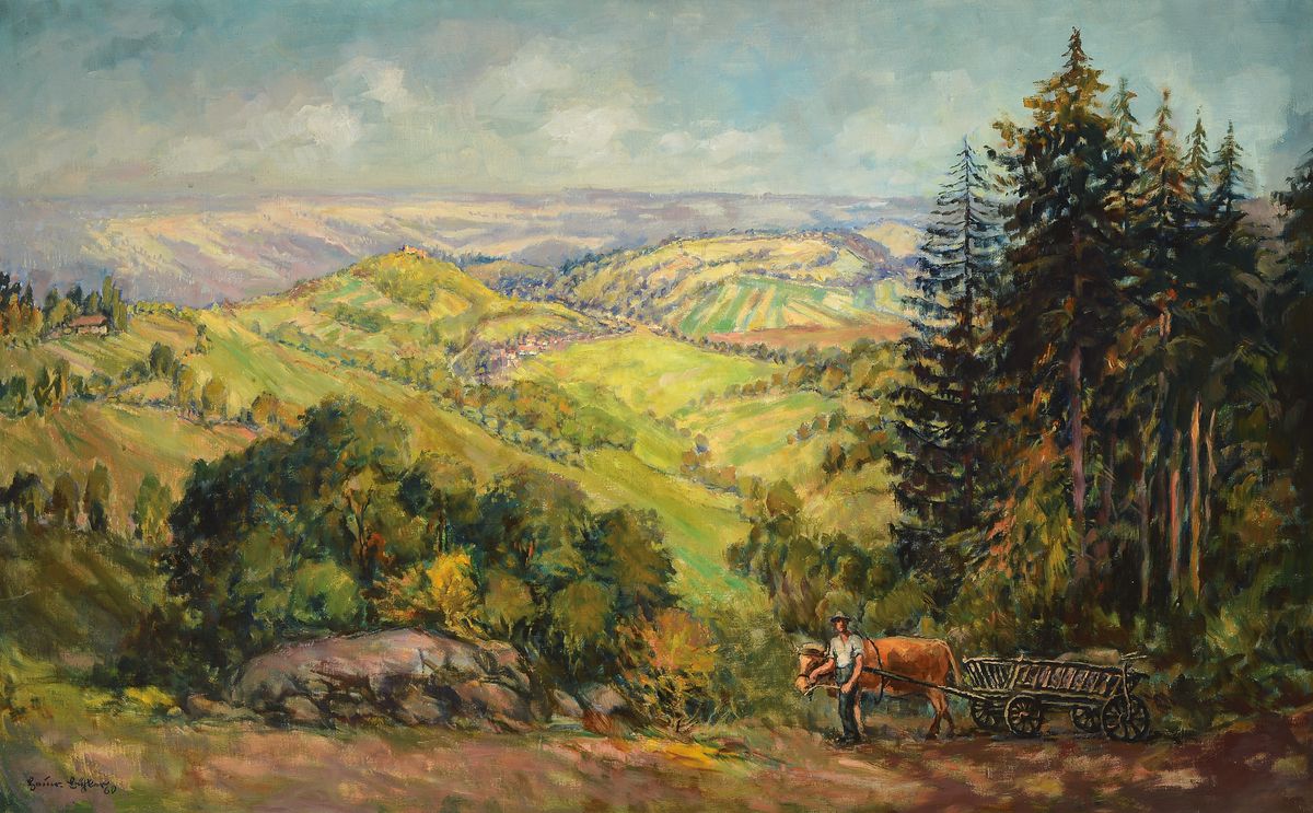 Heinrich Bühler, 1893 Lauda-1986 Karlsruhe, Landschaft im Nordschwarzwald, im Vordergrund ein Bauer mit seinem Ochsenkarren, Öl/Lwd, links unten ...