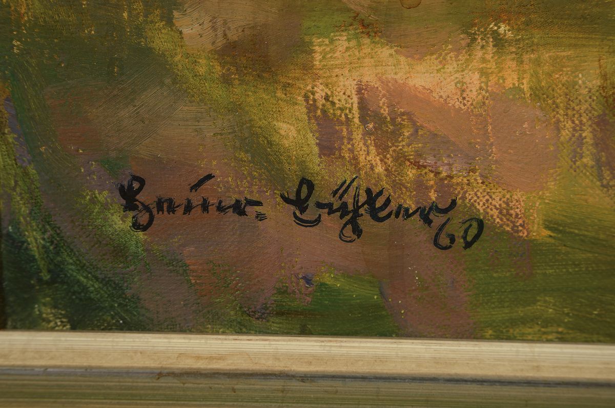 Detail a: Heinrich Bühler, 1893 Lauda-1986 Karlsruhe, Landschaft im Nordschwarzwald, im Vordergrund ein Bauer mit seinem Ochsenkarren, Öl/Lwd, links unten ...
