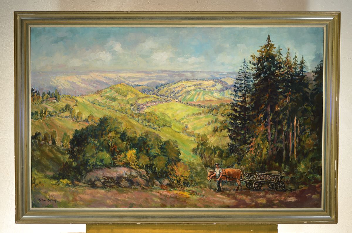 Detail k: Heinrich Bühler, 1893 Lauda-1986 Karlsruhe, Landschaft im Nordschwarzwald, im Vordergrund ein Bauer mit seinem Ochsenkarren, Öl/Lwd, links unten ...