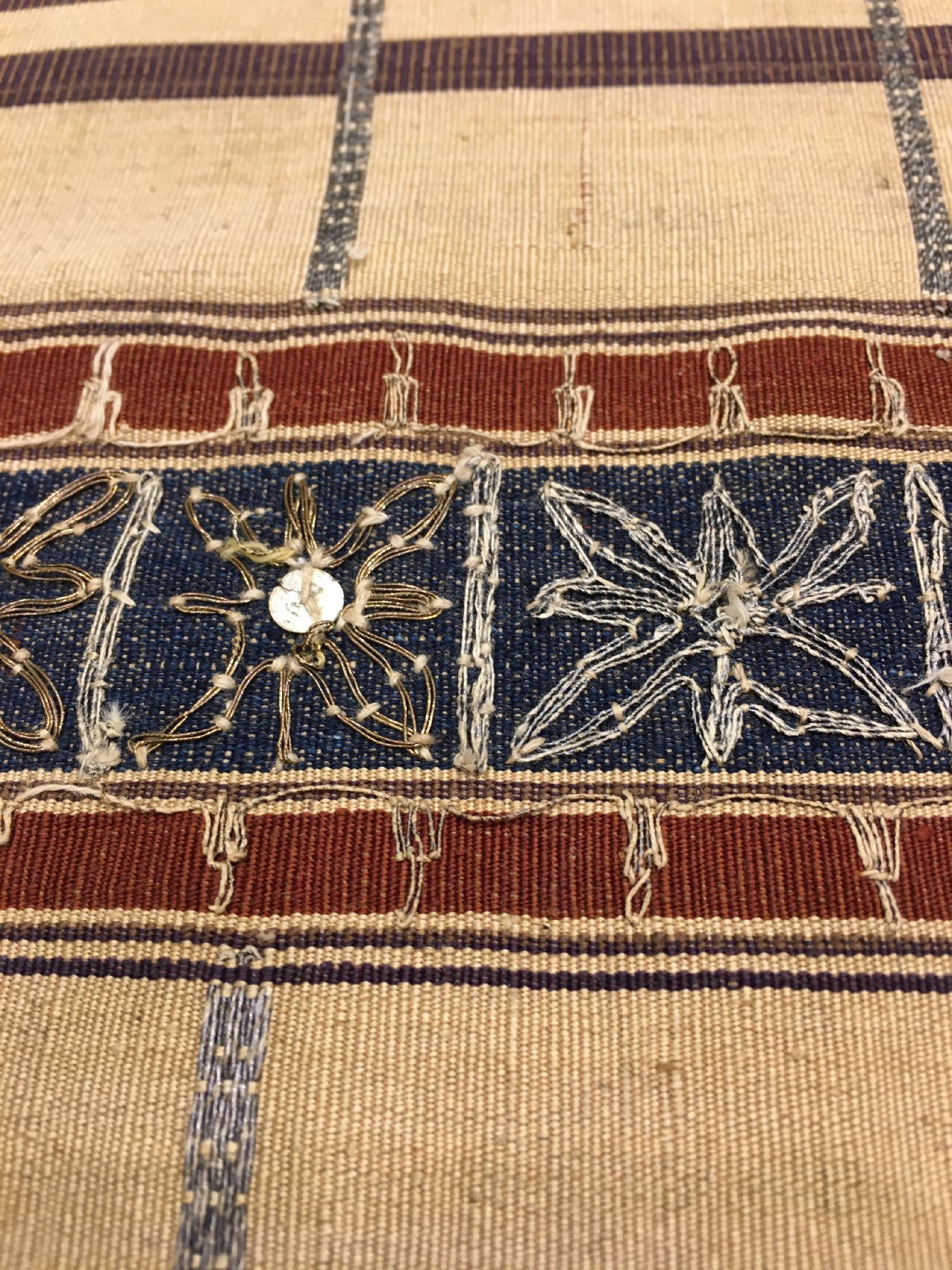 Detail f: Sehr feines indonesisches "Zeremonial-Textil" antik (Metallstickerei), Indonesien, um 1900, Metallstickerei auf Seide. Sehr fein gewebtes ...