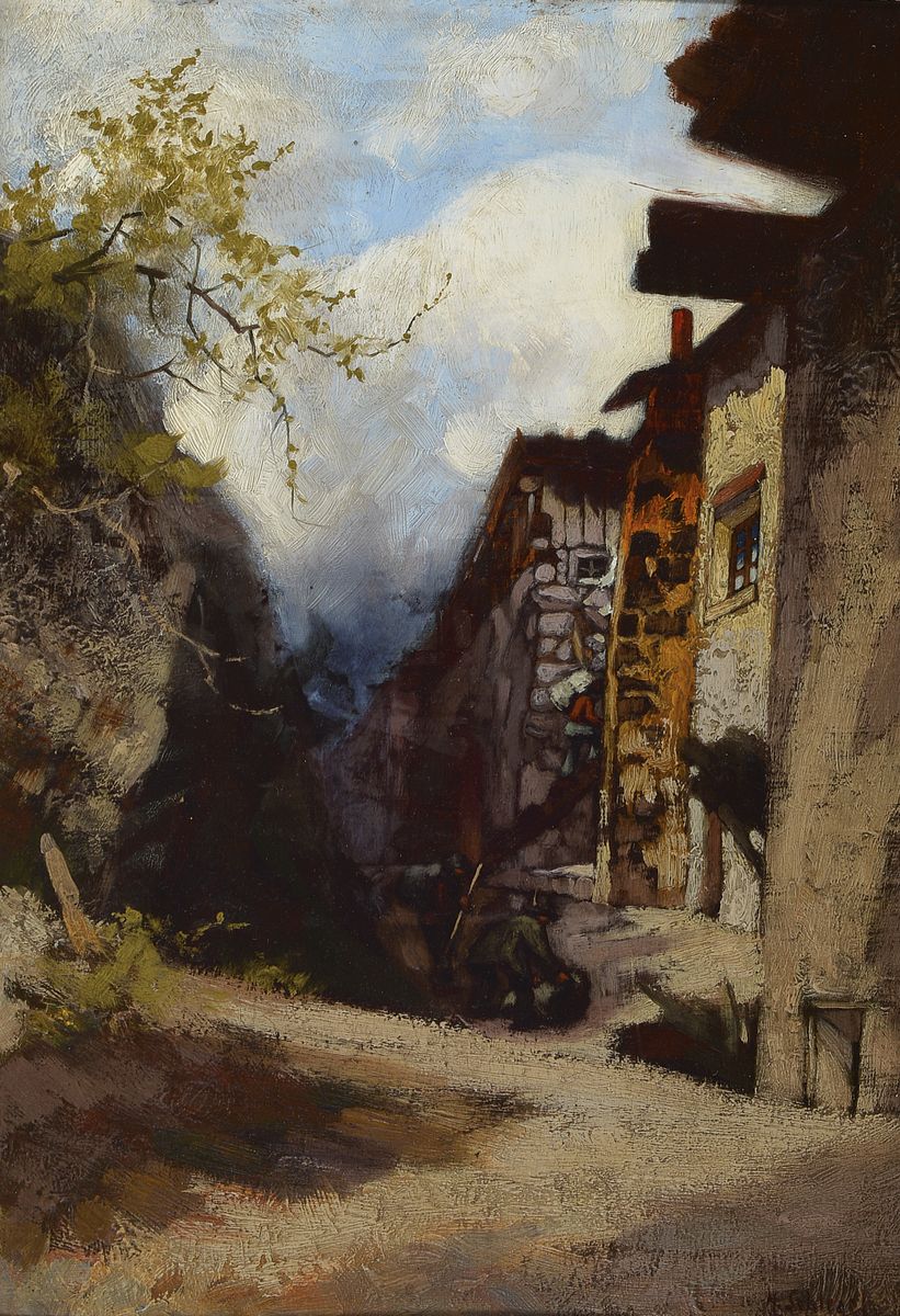 Hermann Schlegel, 1860 Coburg-1917 Darmstadt, war seit 1882 Theatermaler am Darmstädter Hoftheater, hier: Gasse im Dorf, Öl/Holz, rechts unten ...