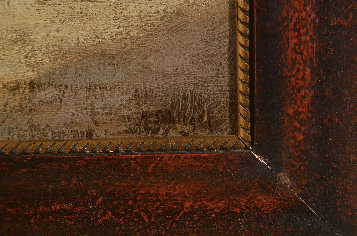 Detail a: Hermann Schlegel, 1860 Coburg-1917 Darmstadt, war seit 1882 Theatermaler am Darmstädter Hoftheater, hier: Gasse im Dorf, Öl/Holz, rechts unten ...