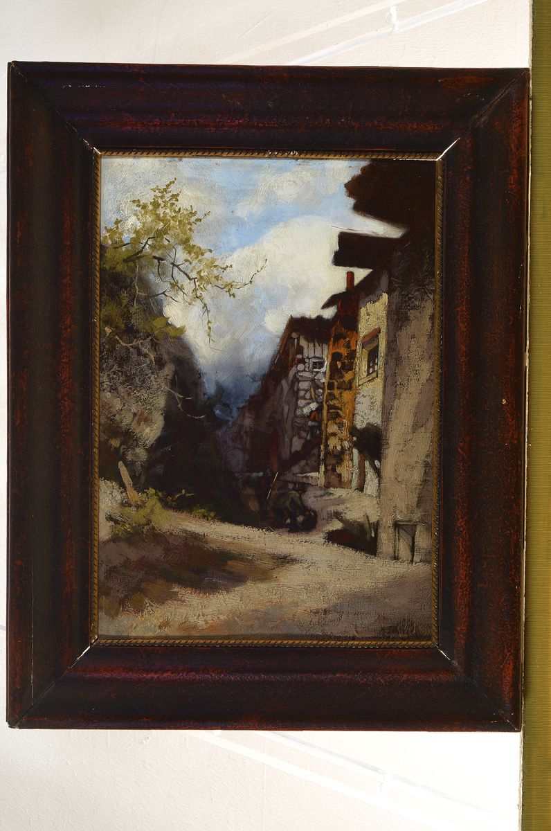 Detail k: Hermann Schlegel, 1860 Coburg-1917 Darmstadt, war seit 1882 Theatermaler am Darmstädter Hoftheater, hier: Gasse im Dorf, Öl/Holz, rechts unten ...