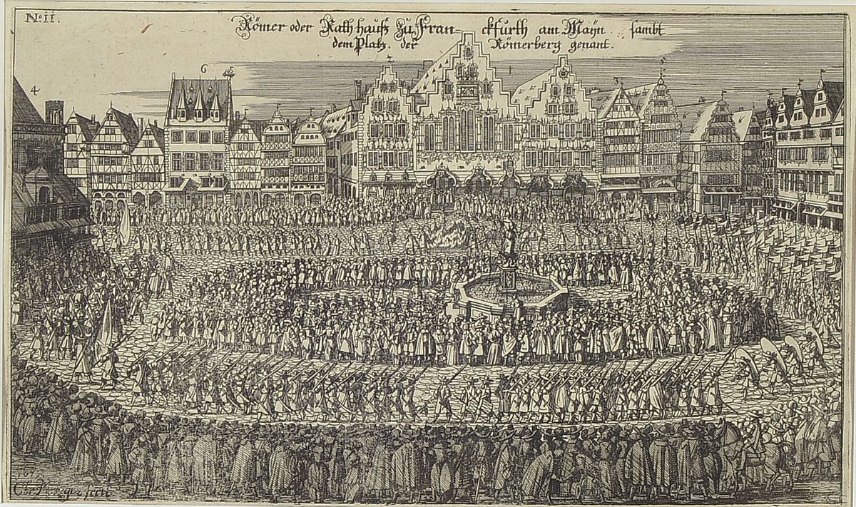 Christoph Metzger 17. Jh., Kupferstich, Römer oder Rathaus u. Franckfurth am Main sambt dem Platz der Römerberg genant, wohl Darstellung einer ...