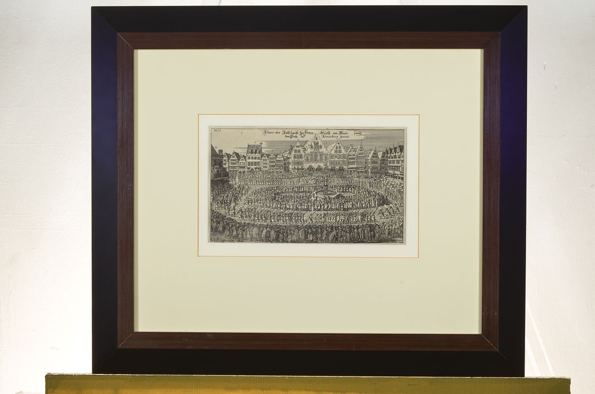 Detail k: Christoph Metzger 17. Jh., Kupferstich, Römer oder Rathaus u. Franckfurth am Main sambt dem Platz der Römerberg genant, wohl Darstellung einer ...