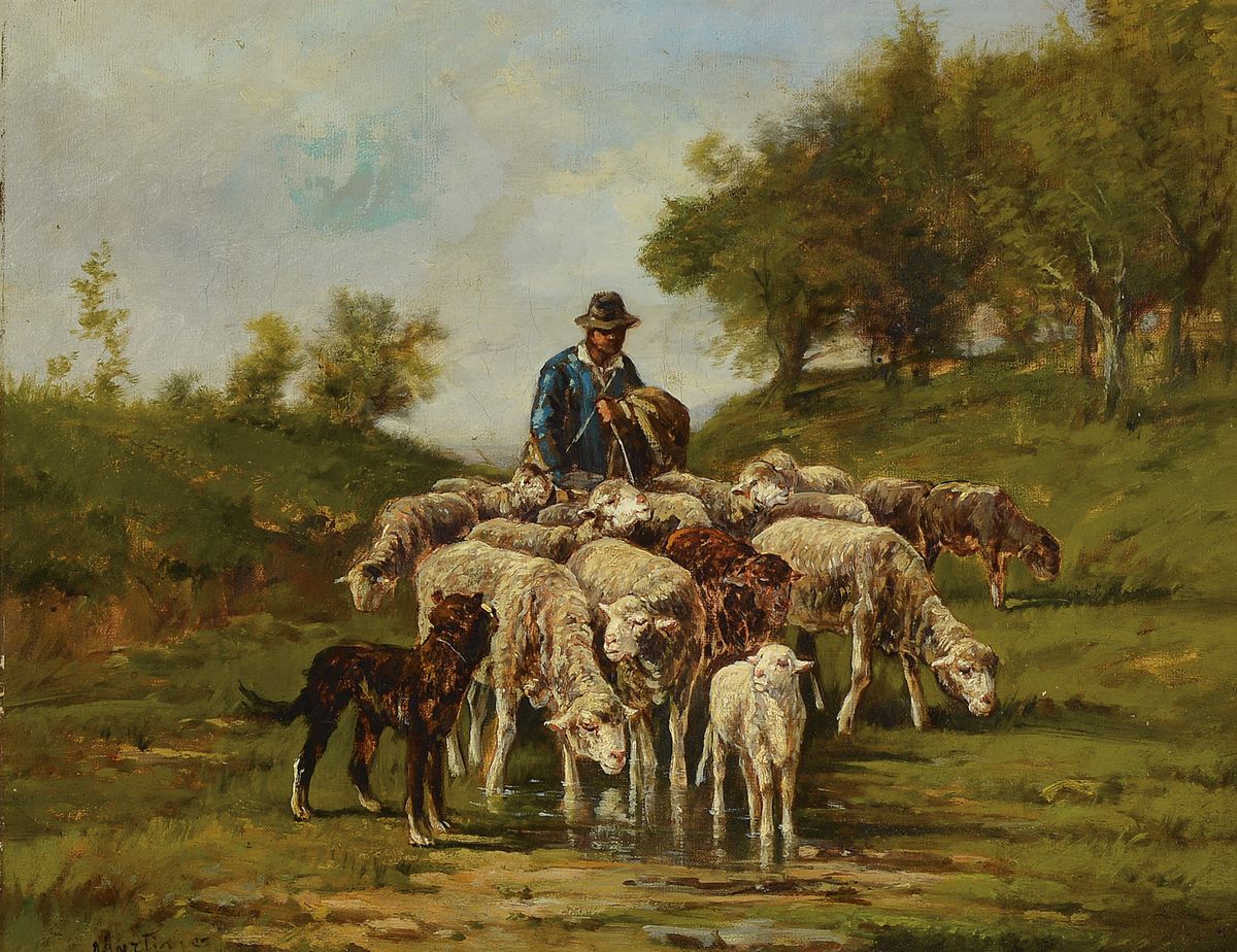 Martinez, Maler um 1890-1900, Schäfer mit seiner Herde in Landschaft, Öl/Lwd, links unten signiert, rest., ca. 46x55cm, aufwändiger Rahmen ca. ...