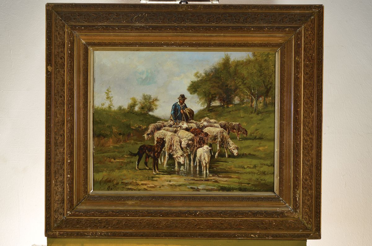 Detail k: Martinez, Maler um 1890-1900, Schäfer mit seiner Herde in Landschaft, Öl/Lwd, links unten signiert, rest., ca. 46x55cm, aufwändiger Rahmen ca. ...