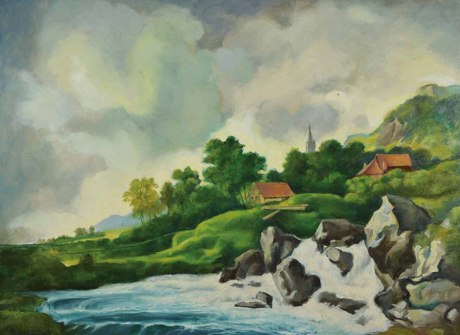 Eugen Stoll, 1895-1978 Ludwigshafen, Studium an der Akademie Karlsruhe, Meisterschüler von Albert Haueisen, hier: Flusslandschaft, Öl/Platte, ...