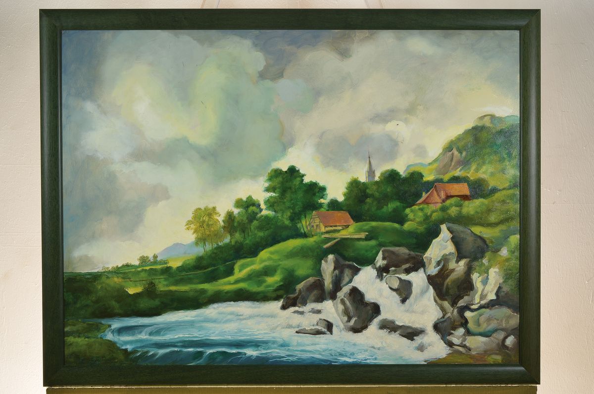 Detail k: Eugen Stoll, 1895-1978 Ludwigshafen, Studium an der Akademie Karlsruhe, Meisterschüler von Albert Haueisen, hier: Flusslandschaft, Öl/Platte, ...