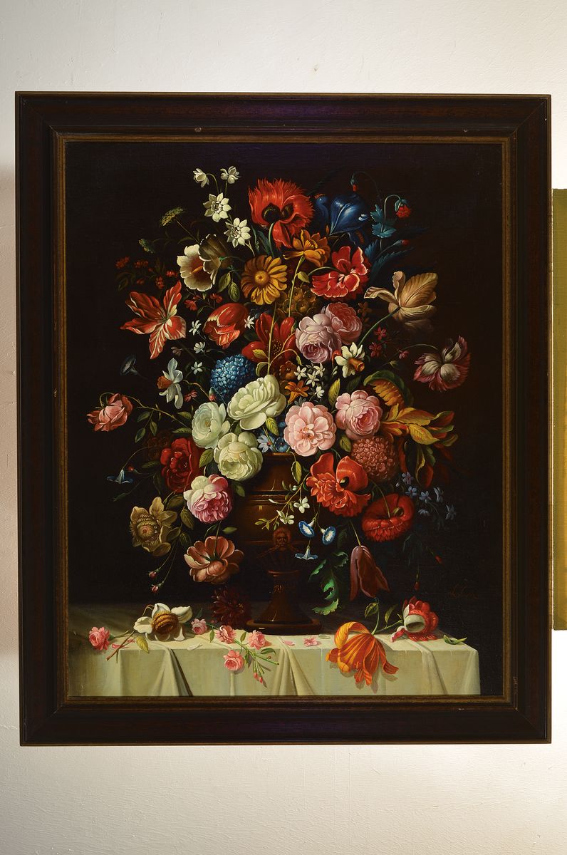 Detail k: L. Suarez, spanischer Künstler, um 1830, hier: sog. Heilsbild, flämische Malerei des 16./17. Jh., Nachvollzug nach 1830, Blumenstillleben, feine ...
