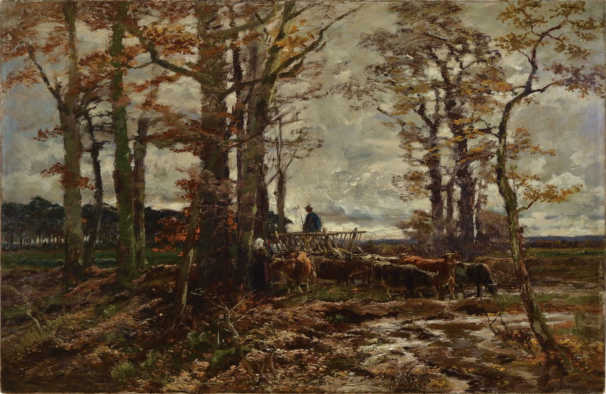 Heinrich Hartung, 1851 Koblenz-1919 ebenda, Rinderherde am Niederrhein, qualitätvolle Landschaftsmalerei, im Vordergrund Bauer auf dem Leiterwagen ...