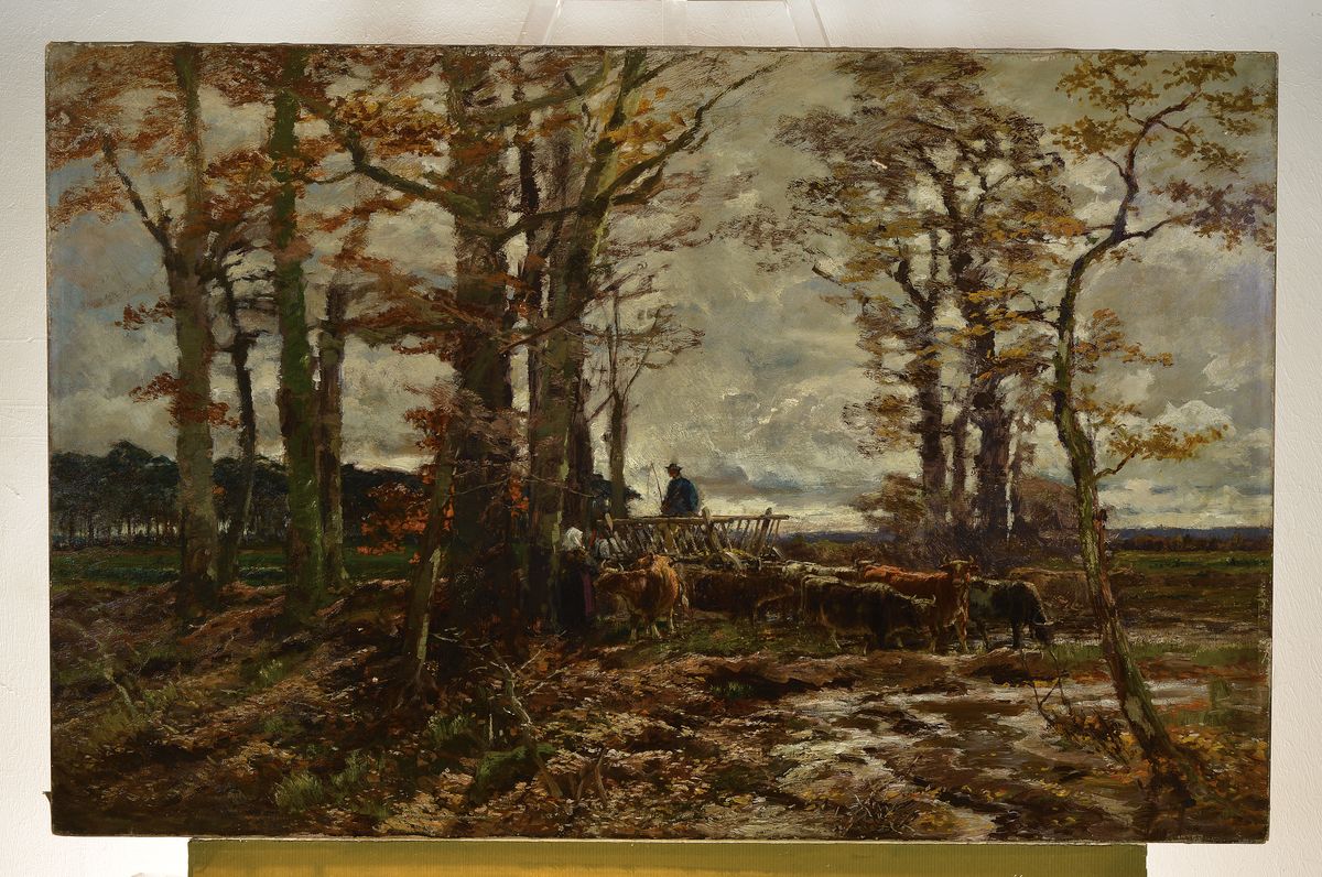 Detail k: Heinrich Hartung, 1851 Koblenz-1919 ebenda, Rinderherde am Niederrhein, qualitätvolle Landschaftsmalerei, im Vordergrund Bauer auf dem Leiterwagen ...