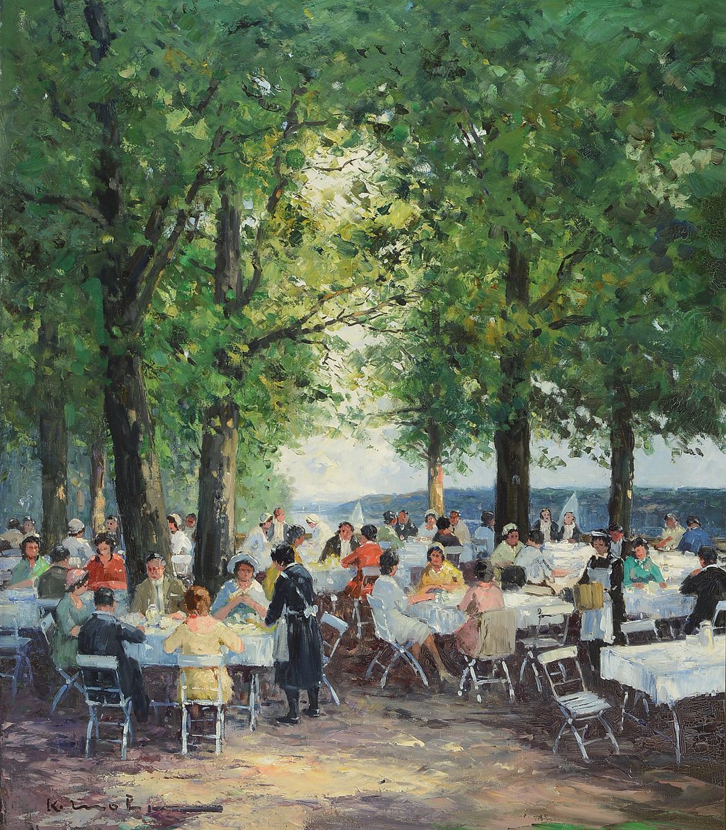 Karl Mohr, 1922-2013 Düsseldorf, im Biergarten, vielfigurige Szene, Öl/Lwd, links unten signiert, ca. 70x60cm, R. ca. 88x78cm