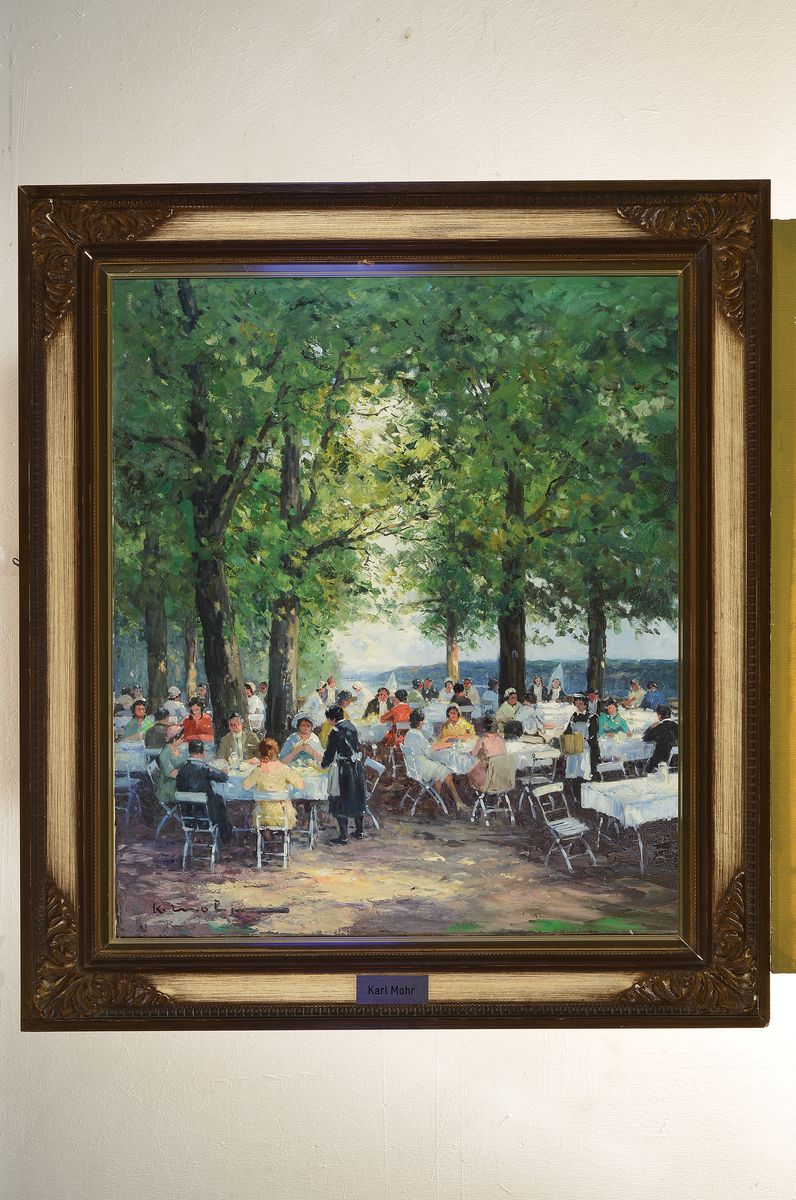 Detail k: Karl Mohr, 1922-2013 Düsseldorf, im Biergarten, vielfigurige Szene, Öl/Lwd, links unten signiert, ca. 70x60cm, R. ca. 88x78cm