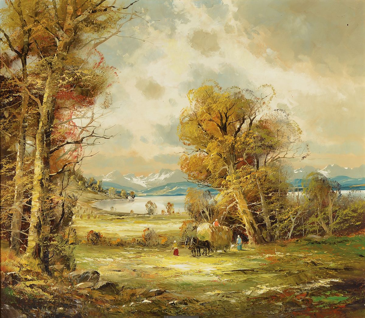 Otmar Lederer, geb. 1926 München, Heuernte an einem oberbayerischen See, Öl/Lwd, signiert, ca. 70x80cm, R. ca. 90x100cm
