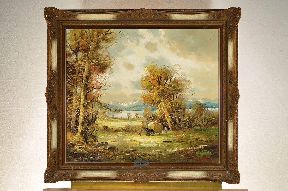 Detail k: Otmar Lederer, geb. 1926 München, Heuernte an einem oberbayerischen See, Öl/Lwd, signiert, ca. 70x80cm, R. ca. 90x100cm