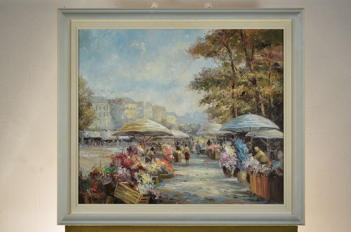 Detail k: Otmar Lederer, geb. 1926 München, Blumenmarkt, wohl Viktualienmarkt München, Öl/Lwd, links unten signiert und bez. München, ca. 60x70cm, R. ca. ...