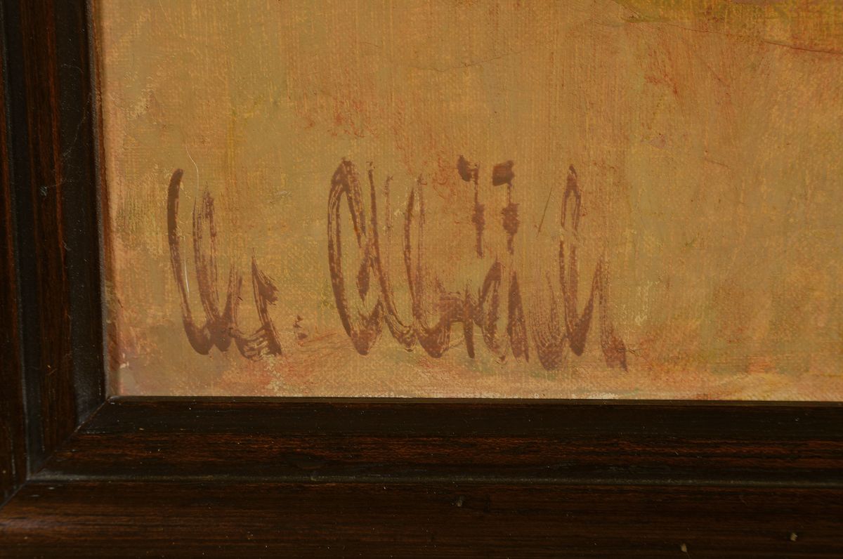 Detail a: Christel Abresch, 1931 Sulzbach-2011 Neustadt/Wstr., Südliche Landschaft mit Gebäude, Öl/Lwd, links unten signiert und dat. 77, ca.070x90cm, R.