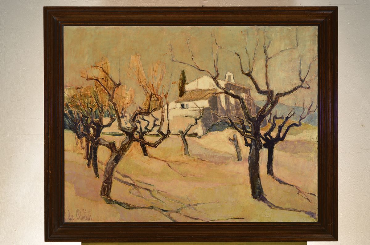 Detail k: Christel Abresch, 1931 Sulzbach-2011 Neustadt/Wstr., Südliche Landschaft mit Gebäude, Öl/Lwd, links unten signiert und dat. 77, ca.070x90cm, R.