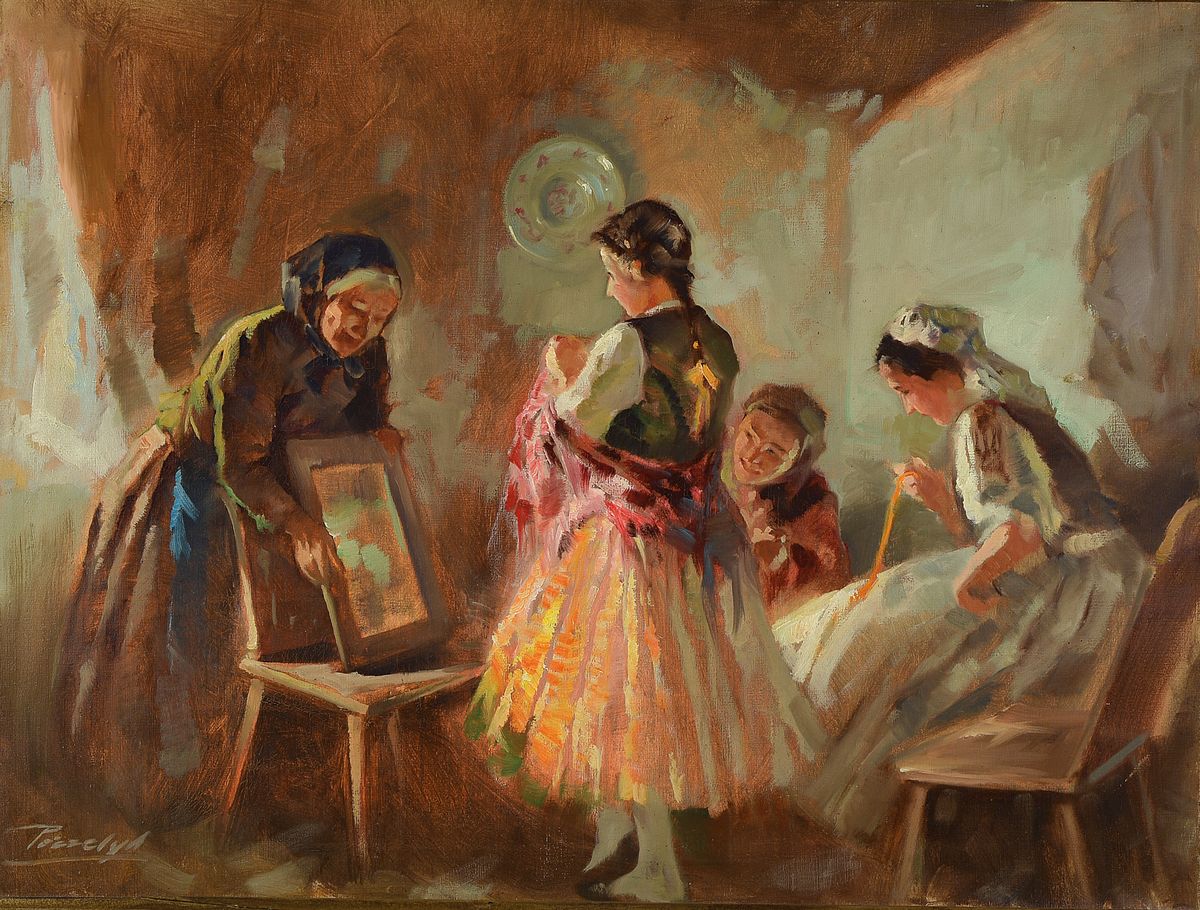 Antal Anton Peczely, 1891-1963, ungarischer Maler, Junge Frau beim anprobieren einer neuen Tracht, Öl/Lwd, links unten signiert, ca. 60x80cm, R. ca. ...