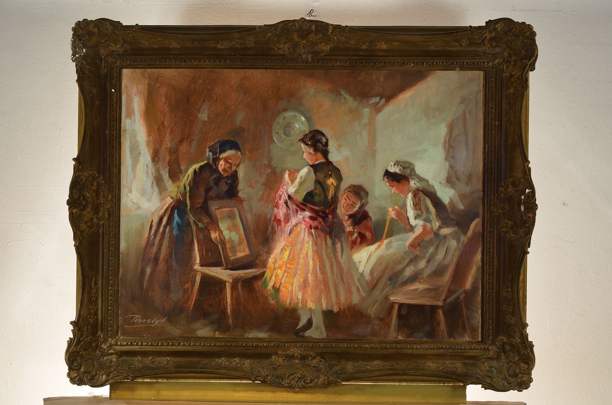 Detail k: Antal Anton Peczely, 1891-1963, ungarischer Maler, Junge Frau beim anprobieren einer neuen Tracht, Öl/Lwd, links unten signiert, ca. 60x80cm, R. ca. ...