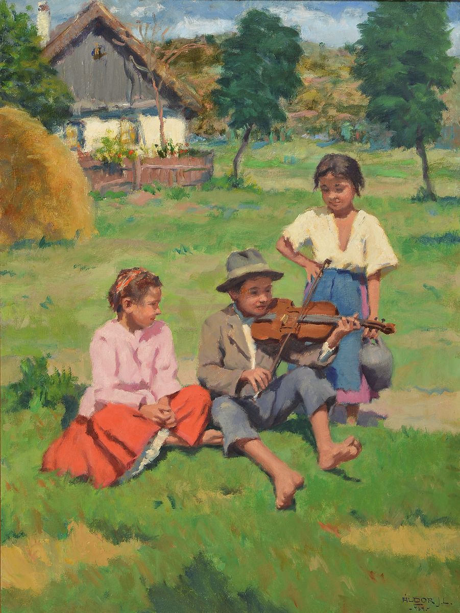 János Làszlo Aldor, 1895- ca. 1944, drei Kinder im Garten, Öl/Lwd, rechts unten signiert und dat. 1934, ca. 80x60cm, R. ca. 100x80cm