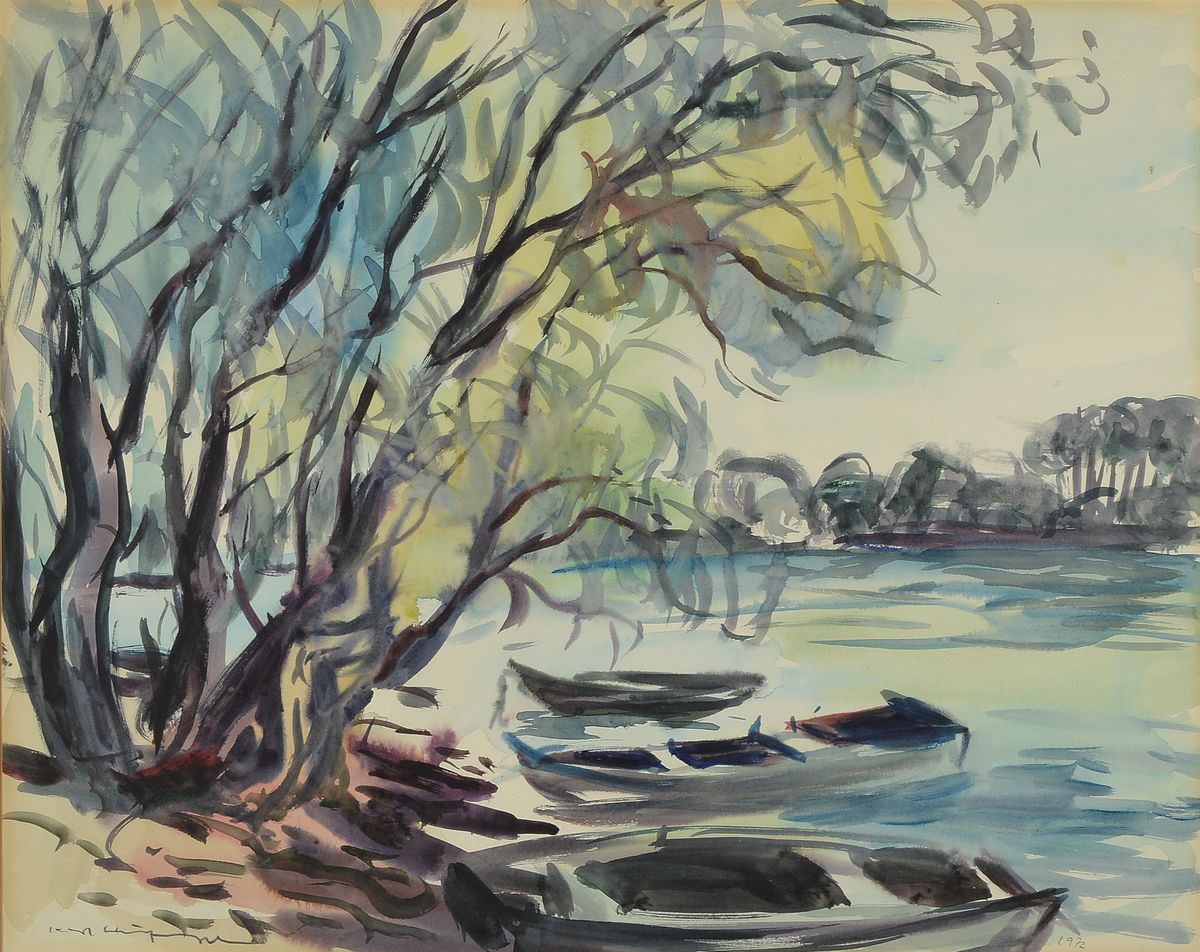 Karl Hufnagel, 1906 Harthausen-1995 Speyer, Am Altrhein, Aquarell auf Papier, signiert, dat. 1972, ca. 46x59cm, PP, u.Gl., R. ca. 66x77cm