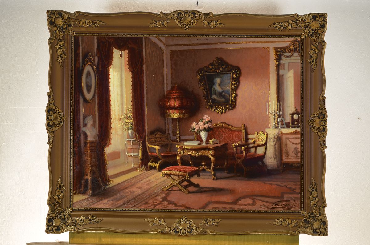 Detail k: Jenö Friedlinger, geb. 1890, ungarischer Maler, Interieur, Blick in einen Salon, Öl/Lwd, rechts unten signiert, ca. 60x80cm, R. ca. 75x95cm