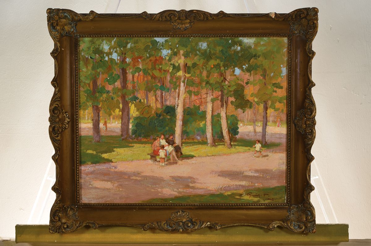 Detail k: Ferenc Gaal, 1891 Debrecen-1956 Los Angeles, "Parkban", rückseitig so betitelt, Frauen und Kinder im Park, Öl/Lwd, rechts unten signiert ...