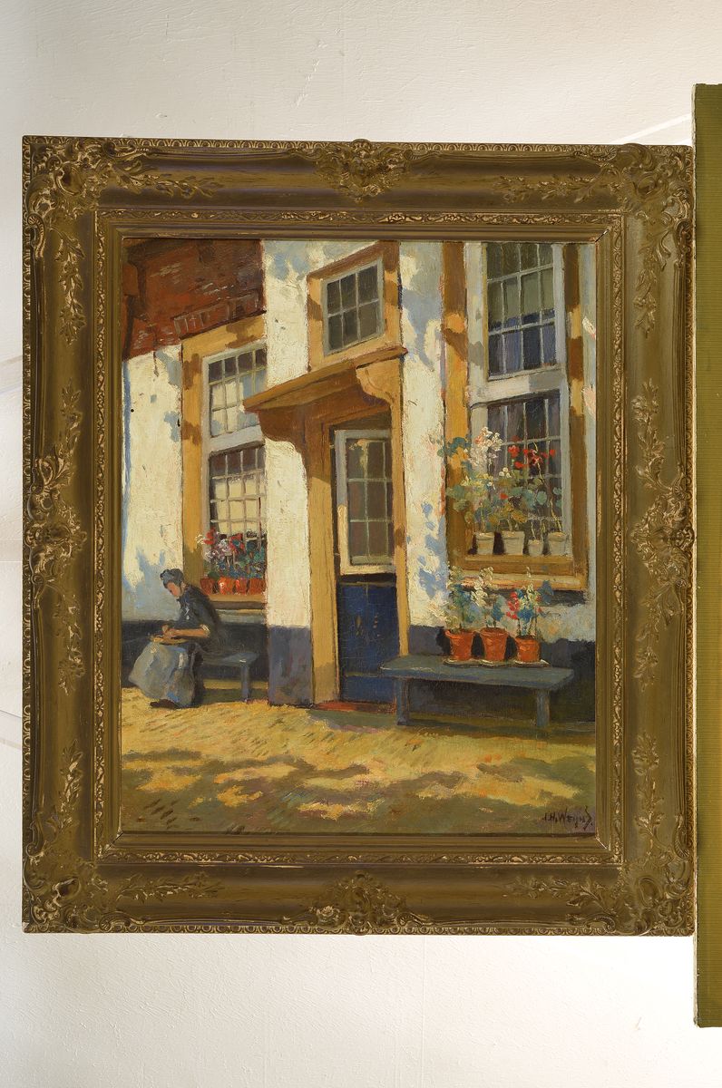Detail k: Jan Harm Weyns, 1864-1945, Frau auf der Bank vor dem Haus, rückseitig bezeichnet: Hofje Leiden, Öl/Lwd, rechts unten signiert, ca. 50x40cm, R. ca. ...