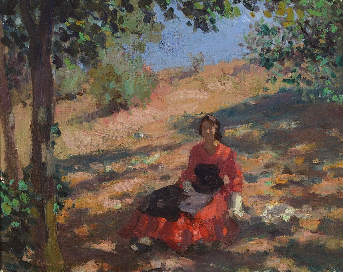 Ungarischer Maler des frühen 20. Jh., Junge Frau im Schatten eines Baumes, Öl/Lwd, links unten unleserlich signiert, ca. 38x48cm, R. ca. 50x60cm