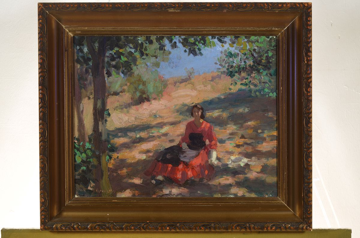 Detail k: Ungarischer Maler des frühen 20. Jh., Junge Frau im Schatten eines Baumes, Öl/Lwd, links unten unleserlich signiert, ca. 38x48cm, R. ca. 50x60cm