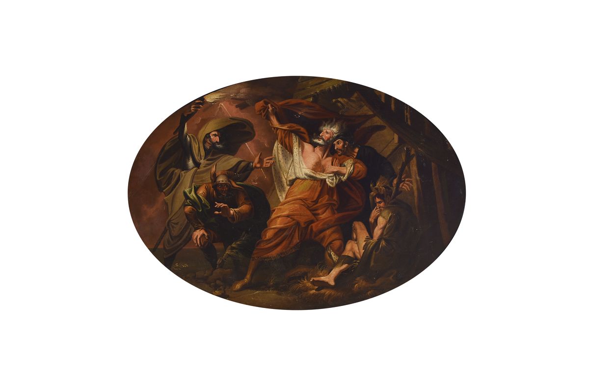 Tafelbild, England, um 1830, vielfigurige mythologische Szene, Öl/Metallplatte, unsigniert, im Oval ca. 68x98cm, R.