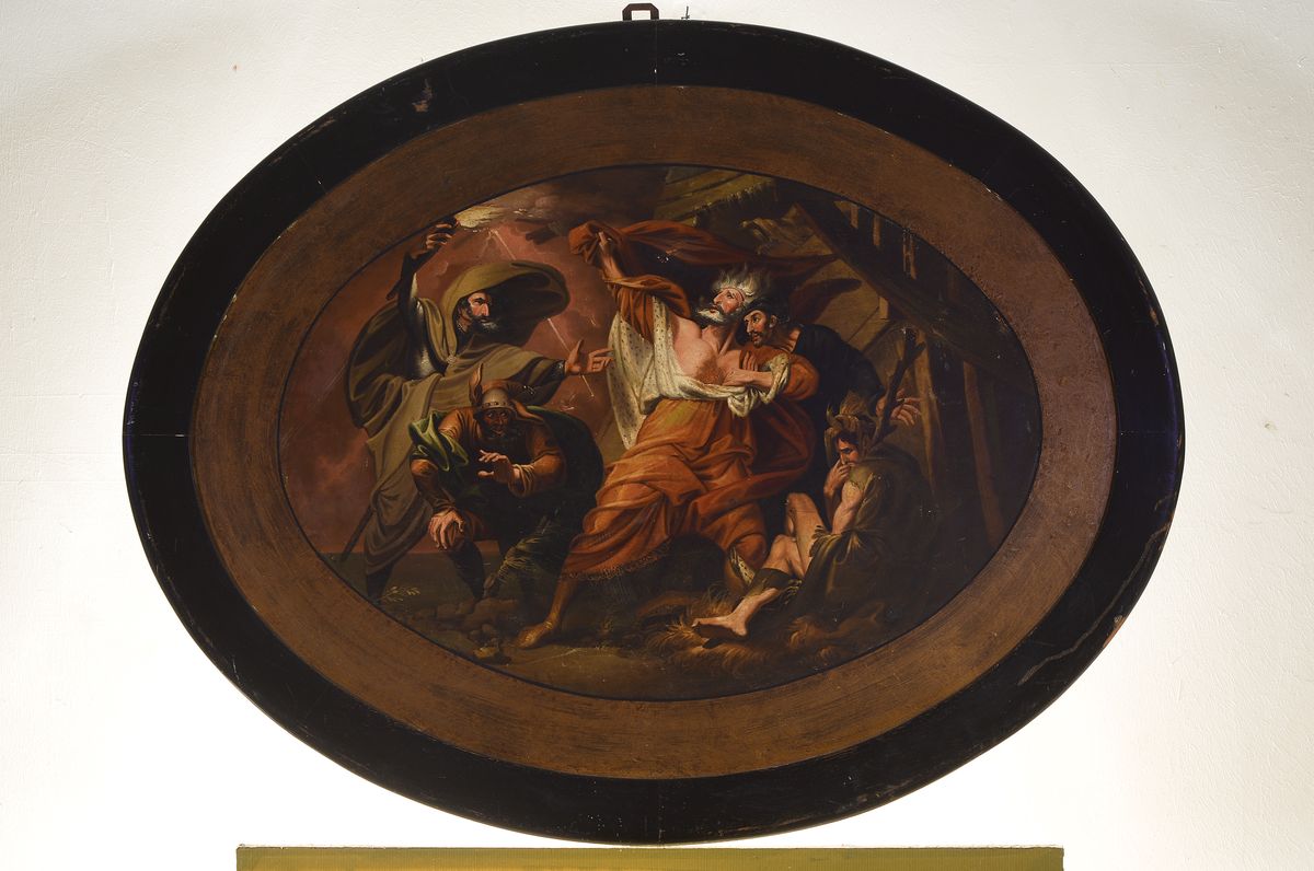 Detail k: Tafelbild, England, um 1830, vielfigurige mythologische Szene, Öl/Metallplatte, unsigniert, im Oval ca. 68x98cm, R.