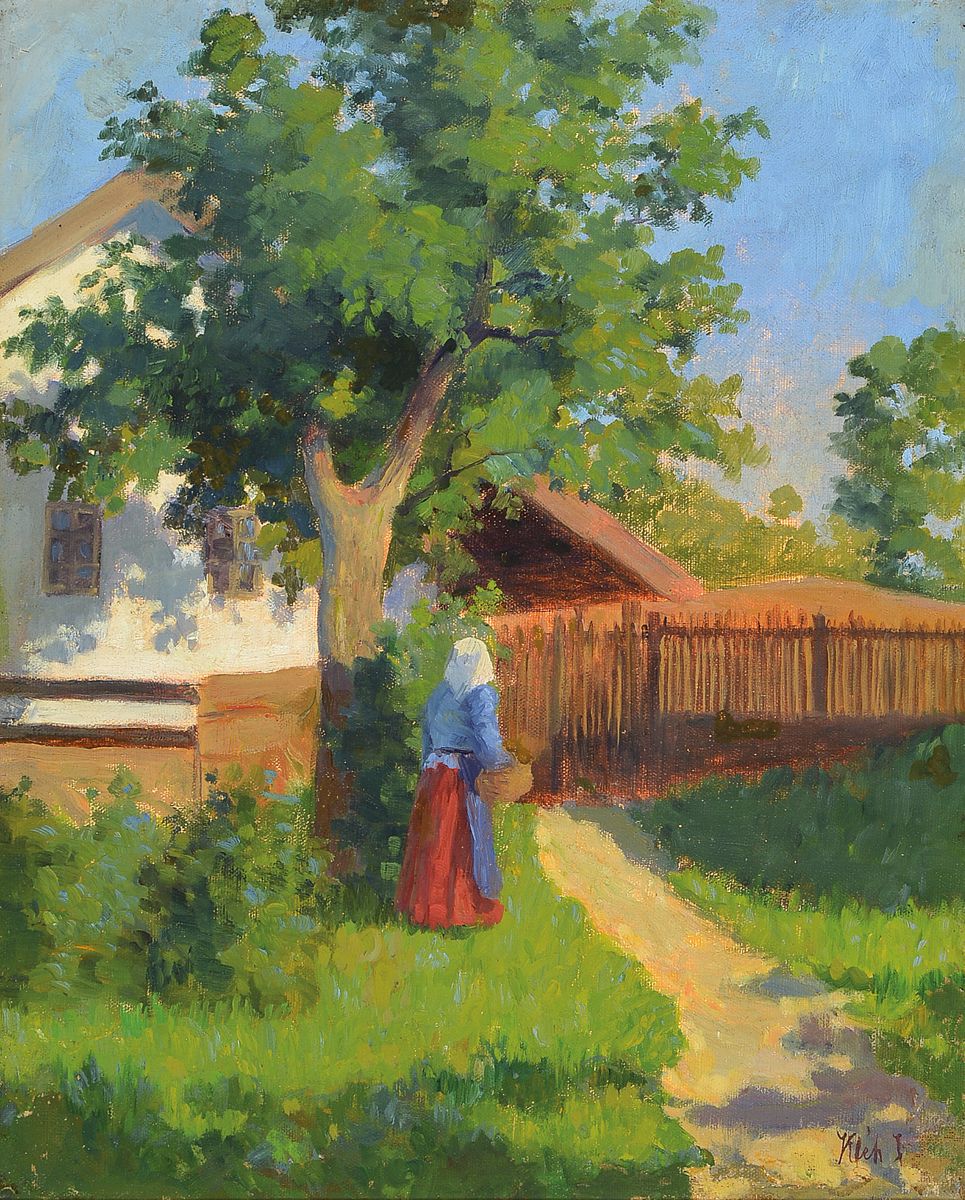 János Kléh, 1881 Máko-1919 Budapest, Frau mit Korb im Garten, Öl/Lwd, rest., rechts unten signiert, ca. 47x38cm, R. ca. 67x58cm