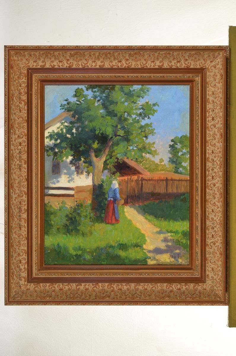 Detail k: János Kléh, 1881 Máko-1919 Budapest, Frau mit Korb im Garten, Öl/Lwd, rest., rechts unten signiert, ca. 47x38cm, R. ca. 67x58cm